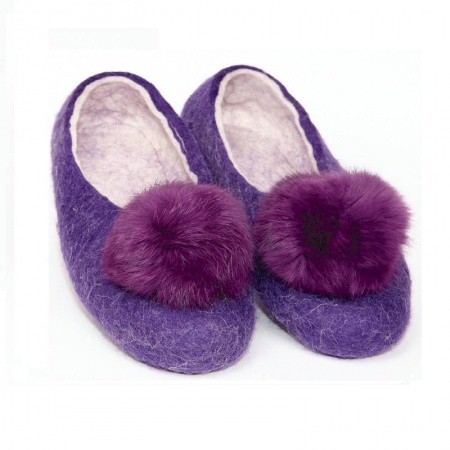 Войлочные тапочки с помпонами фиолетовые. Размер 38