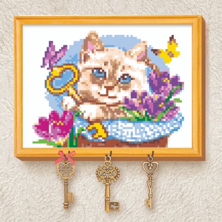 Вышивка крестиком на ключнице 'Кот', 21x15 см