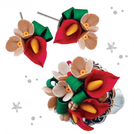 Украшения из полимерной глины 'Каллы', набор: серьги и кольцо