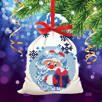 Новогодняя вышивка крестиком на мешочке 'Дед Мороз', основа 25x35 см